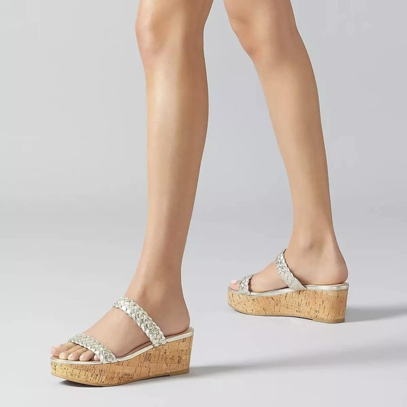Stuart Weitzman Aleena Woven Slide Wedge Womens Size 12 Cork Metallic Braided - Picture 1 of 16